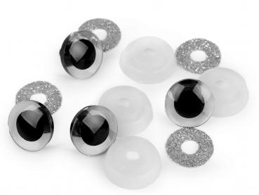 Augen mit Sicherung Ø 20 mm (2 Stück) Schwarz/Transparent mit Silbernen Glitter Rand